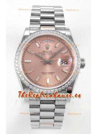 Reloj Rolex Day Date 128349 de acero inoxidable con esfera de cristal rosa, réplica perfecta