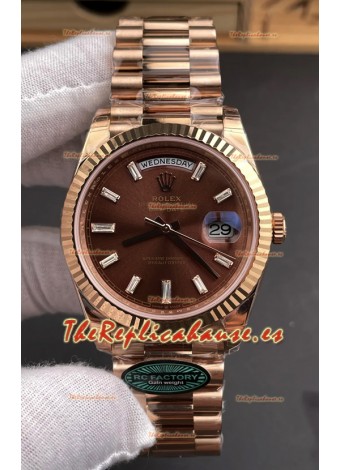 Reloj Rolex Day Date 228236 de oro rosa con esfera marrón, superclon