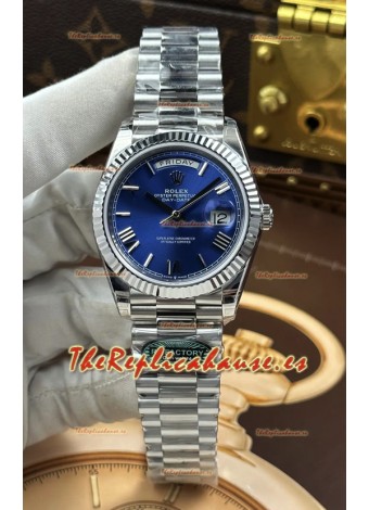Reloj Rolex Day Date 228236 de acero inoxidable con esfera azul y números romanos, réplica de alta calidad