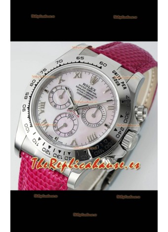 Reloj Rolex Daytona 116519 de acero inoxidable con correa de cuero rosa perlado, réplica de alta calidad