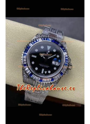 Reloj Rolex GMT Masters II superclone con incrustaciones de diamantes y esfera negra