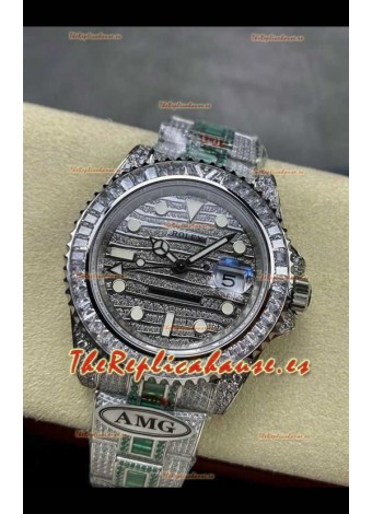 Reloj Rolex GMT Masters II con esfera y caja con incrustaciones de diamantes, réplica exacta