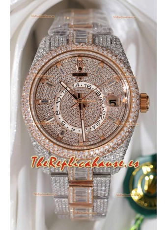 Reloj réplica suizo Rolex Sky-Dweller REF #m336934 de oro rosa con moissanita y incrustaciones de diamantes