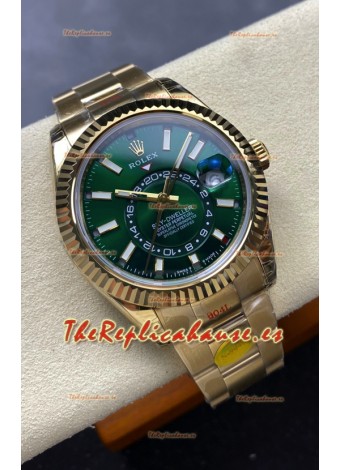 Reloj Rolex Sky-Dweller REF# 336238 con esfera verde, montura Oyster de oro amarillo, superclon