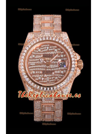 Reloj Rolex GMT Masters II con esfera y caja de oro rosa con incrustaciones de diamantes, réplica de alta calidad