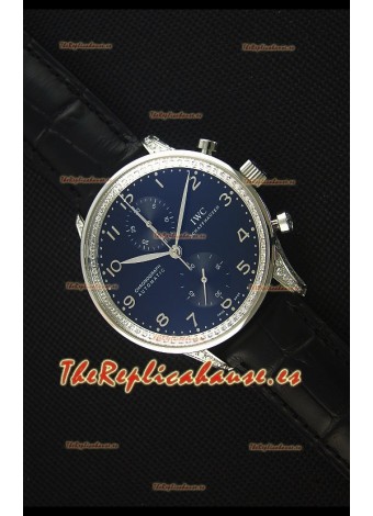 IWC Portuguese Reloj Replica Cronógrafo a Espejo 1:1 Dial y Correa color Negro con Diamantes