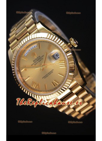 Rolex Day-Date 40MM Reloj Replica Dial en Oro con Numerales de Hora en Numeros Romanos Movimiento Suizo Cal.3255