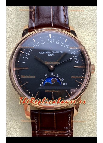 Reloj réplica suizo Vacheron Constantin Patrimony Moonphase de oro rosa con esfera negra