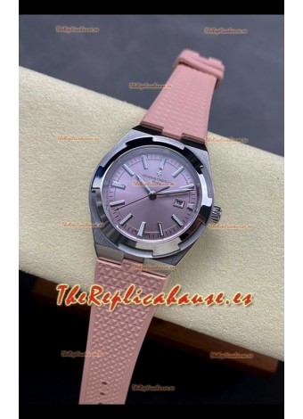 Reloj Vacheron Constantin Overseas de 35 mm con esfera rosa y correa de caucho, réplica perfecta