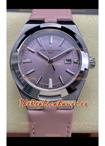 Reloj Vacheron Constantin Overseas de 35 mm con esfera rosa y correa de cuero, réplica perfecta