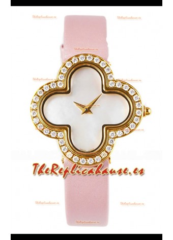 Reloj Van Cleef & Arpels Alhambra de oro amarillo con diamantes y correa rosa