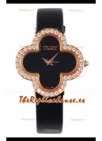 Van Cleef & Arpels Alhambra, Reloj de oro rosa con bisel de diamantes y correa negra