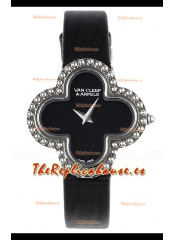 Reloj Van Cleef & Arpels Alhambra de acero inoxidable con correa negra