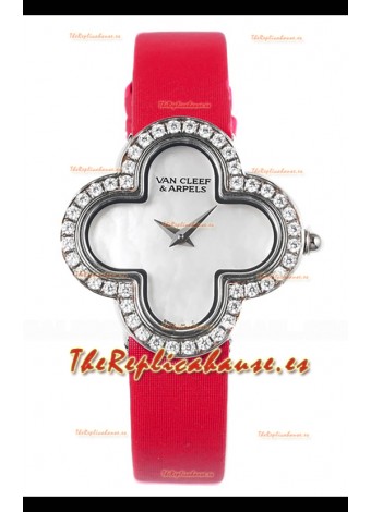 Reloj Van Cleef & Arpels Alhambra de acero inoxidable con bisel de diamantes y correa roja