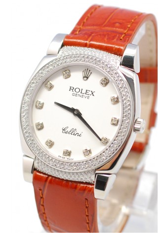 Rolex Celleni Cestello Reloj Suizo Señoras con Esfera Blanca, Correa de Piel, Diamantes en Horas, Bisel y Terminales