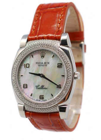 Rolex Celleni Cestello Reloj Suizo Señoras con Esfera Perla beige, Correa de Piel, Diamantes en Bisel y Terminales