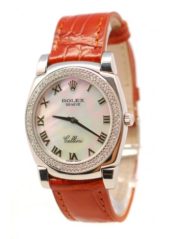 Rolex Celleni Cestello Reloj Suizo Señoras con Esfera Blanca Perla Romana, Correa de Piel y Diamantes en Bisel