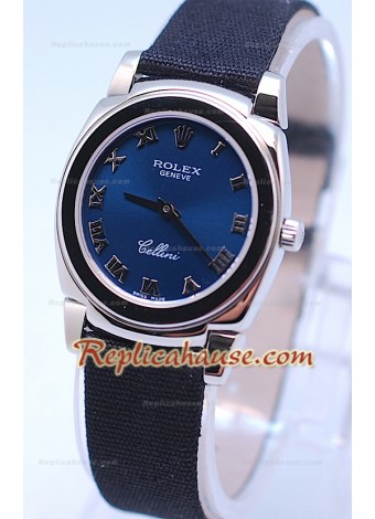 Rolex Celleni Cestello Reloj Suizo Señoras Esfera Romana Azul Plata y Correa de Nilón