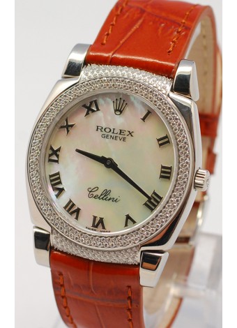 Rolex Celleni Cestello Reloj Suizo Señoras con Esfera Perla Blanca Romana, Correa de Piel y Diamantes en Bisel y Terminales