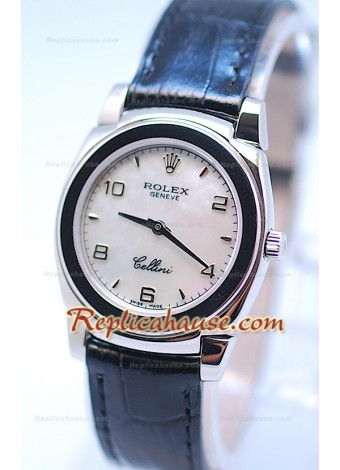 Rolex Celleni Cestello Reloj Suizo Señoras Esfera Perla Blanca y Correa de Piel