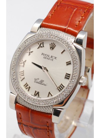 Rolex Celleni Cestello Reloj Suizo Señoras con Esfera Plata, Correa de Piel y Diamantes en Bisel y Terminales