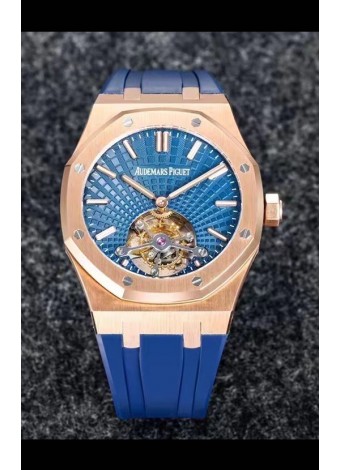 Audemars Piguet Royal Oak Tourbillon Dial Azul 41mm en Caja Acero 904L chapado en Oro Rosado Correa de Goma Ultima Réplica 1:1