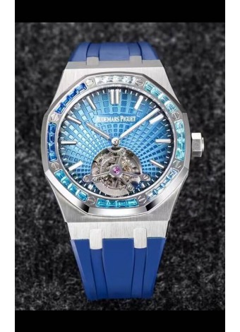 Audemars Piguet Royal Oak Tourbillon 41mm en Caja 904L - Dial Azul tipo Tapisserie Bisel en Diamantes Réplica última 1:1