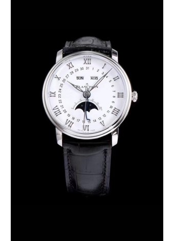 Blancpain "Villeret Quantième Complet" 904L Steel Swiss Watch in White Dial