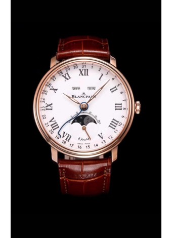 Blancpain "Villeret Quantième Complet" 904L Steel Rose Gold Watch in White Dial