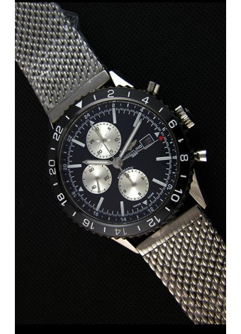 Breitling Chronoliner Reloj Réplica Suizo Correa de Malla de Acero con Dial Negro