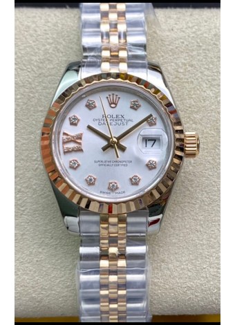 Rolex Datejust 28MM Réplica Suizo en Caja de Acero 904L Oro Rosado Dos Tonos Dial Blanco -  Réplica a Espejo 1:1