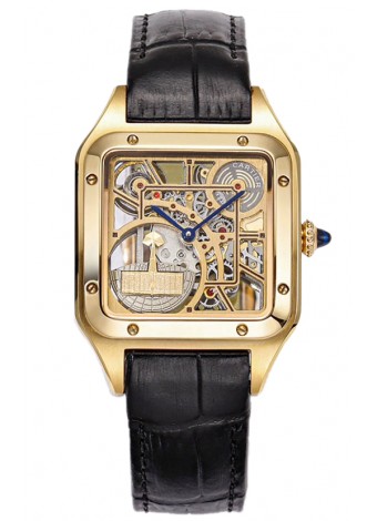 Cartier Santos Dumont Reloj Skeleton Oro Amarillo Correa en Piel Negra 43.5MM