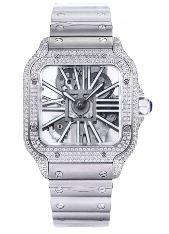 Santos De Cartier Reloj con Dial Skeleton - Bisel Diamante Caja y Correa en Acero Réplica Suiza