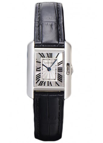 Cartier Tank Anglaise Stainless Steel Watch in Black Leather Strap Swiss Quartz Watch 30MM
