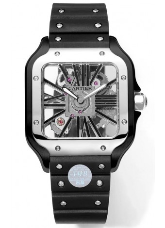 Santos De Cartier Reloj Dial Skeleton - Caja y Correa Acero revestida en DLC Correa de Goma