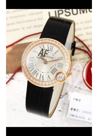 Ballon Blanc De Cartier Reloj Réplica Cuarzo Suizo Bisel Diamantes Caja Oro Rosado Correa Piel