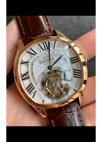 Drive De Cartier Oro Amarillo Tourbillon Super clone Reloj Réplica en Dial Blanco 
