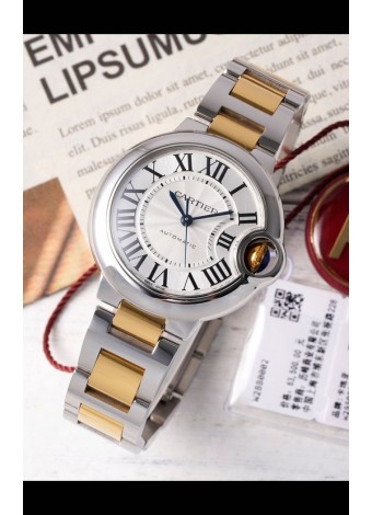 Ballon De Cartier Reloj Suizo Automático Dial Blanco Calidad Espejo 33MM Caja de Dos Tonos