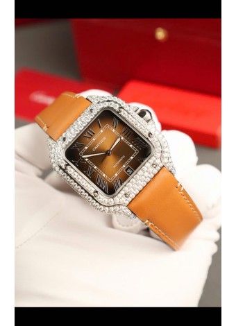 Santos De Cartier Watch in Dial Marrón 39.50MM  Bisel Pavimentado en Moissanitas Reloj Réplica Suizo