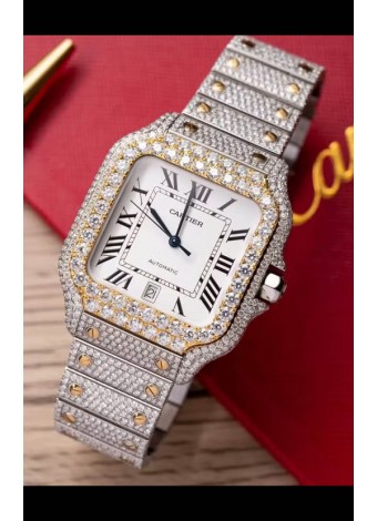 Santos De Cartier Watch en Dial Blanco MOSSANITES Paved Edition Reloj Réplica Suizo