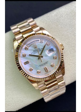 Rolex Day Date 36MM Oro Rosado Dial en Blanco Madre Perla Reloj Réplica a Espejo 1:1