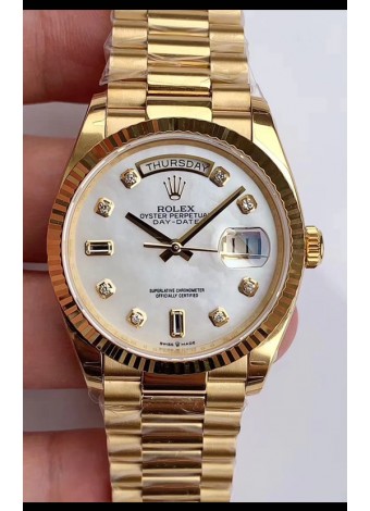 Rolex Day Date 36MM Oro Amarillo M128238 Dial Blanco Madre Perla Reloj Réplica a Espejo 1:1