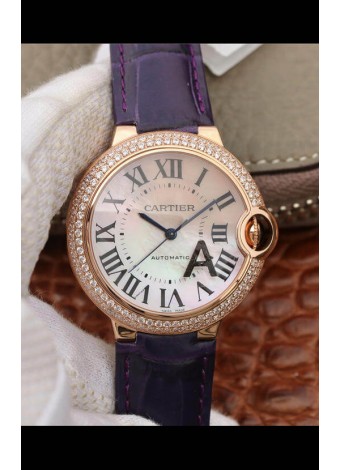 Ballon De Cartier Reloj Réplica Suizo Automático Calidad a Espejo 1:1 Caja de Oro Rosado con Correa Morada 36MM