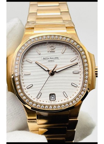 Patek Philippe Nautilus 7118/1200R-001 35MM Reloj Réplica Suizo a espejo 1:1 en Oro Amarillo Dial Blanco