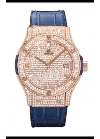 Hublot Classic Fusion Automático Dial Oro Rosado pavimentado en Diamantes Correa Azul 42MM Reloj Superclone Réplica