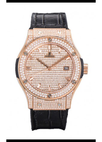 Hublot Classic Fusion Automático Dial Oro Rosado pavimentado en Diamantes Correa Gris 42MM Reloj Superclone Réplica