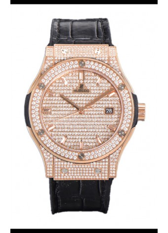 Hublot Classic Fusion Automático Dial Oro Rosado pavimentado en Diamantes Correa Negra 42MM Reloj Superclone Réplica 