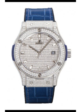 Hublot Classic Fusion Automático Dial Acero pavimentado en Diamantes Correa Azul 42MM Reloj Superclone Réplica 