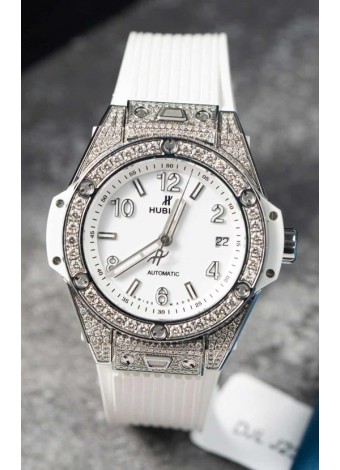 Hublot Big Bang One Click Caja Pavimentada de Moissanitas Reloj Réplica Suizo Dial Blanco