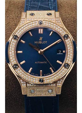 Hublot Classic Fusion Diamonds Oro Rosado Dial Azul 38MM Reloj Réplica Suizo Calidad Espejo 1:1